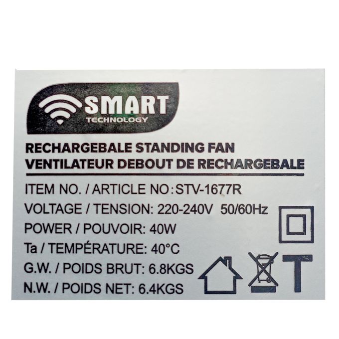 SMART TECHNOLOGY Ventilateurs 16" Rechargeable Avec Télécommande-STV-1677R - Blanc