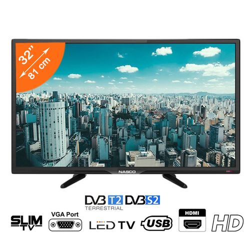 Nasco Slim TV LED 32" - HD - Décodeur Intégré - Régulateur de tension - HDMI - USB - VGA - Noir -